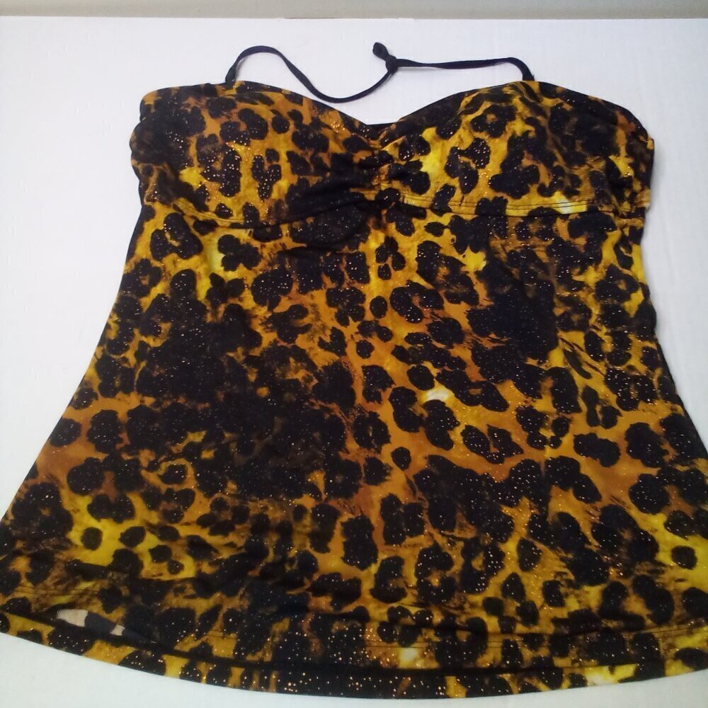Jaclyn Smith Tankini Top Women 18 Swim Halter Padded Cup Animal Print Black Gold